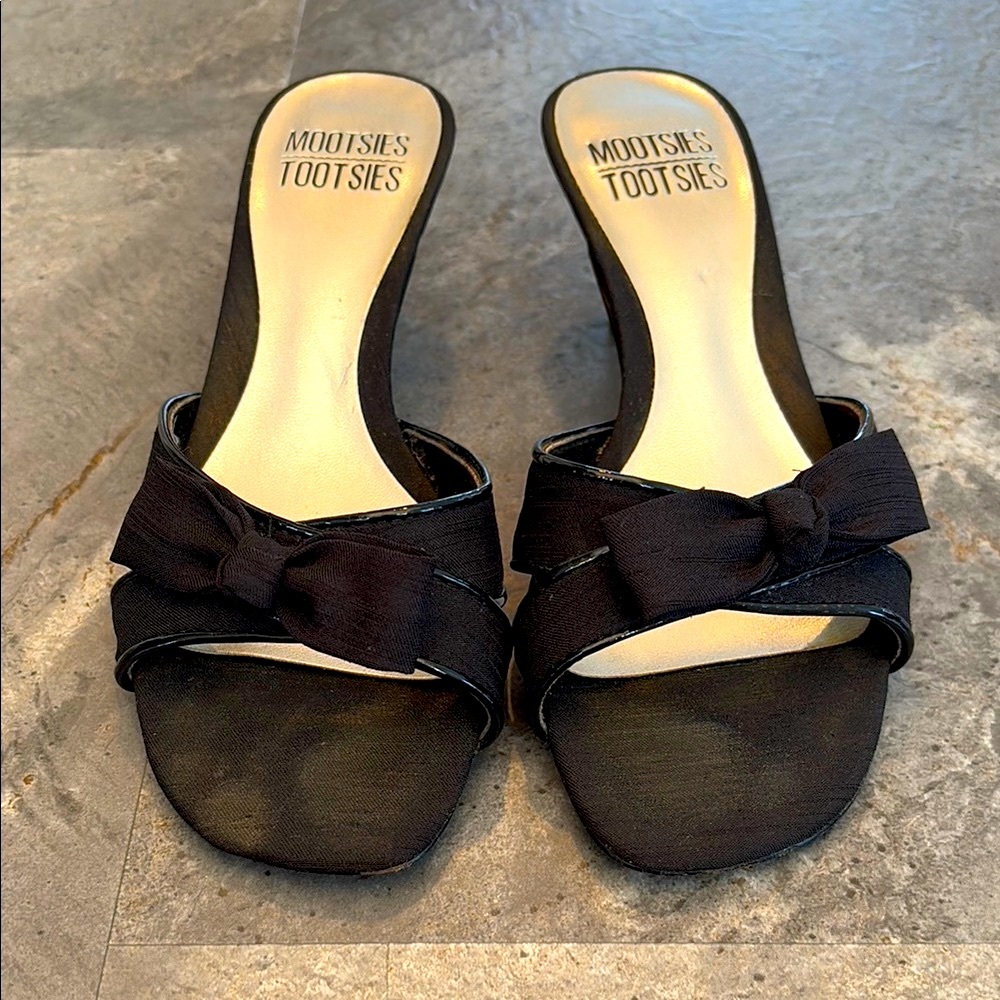 Women’s Black Slide Sandals with Low Heel, Peep Toe, Bow, Wedding, Party, Size 6